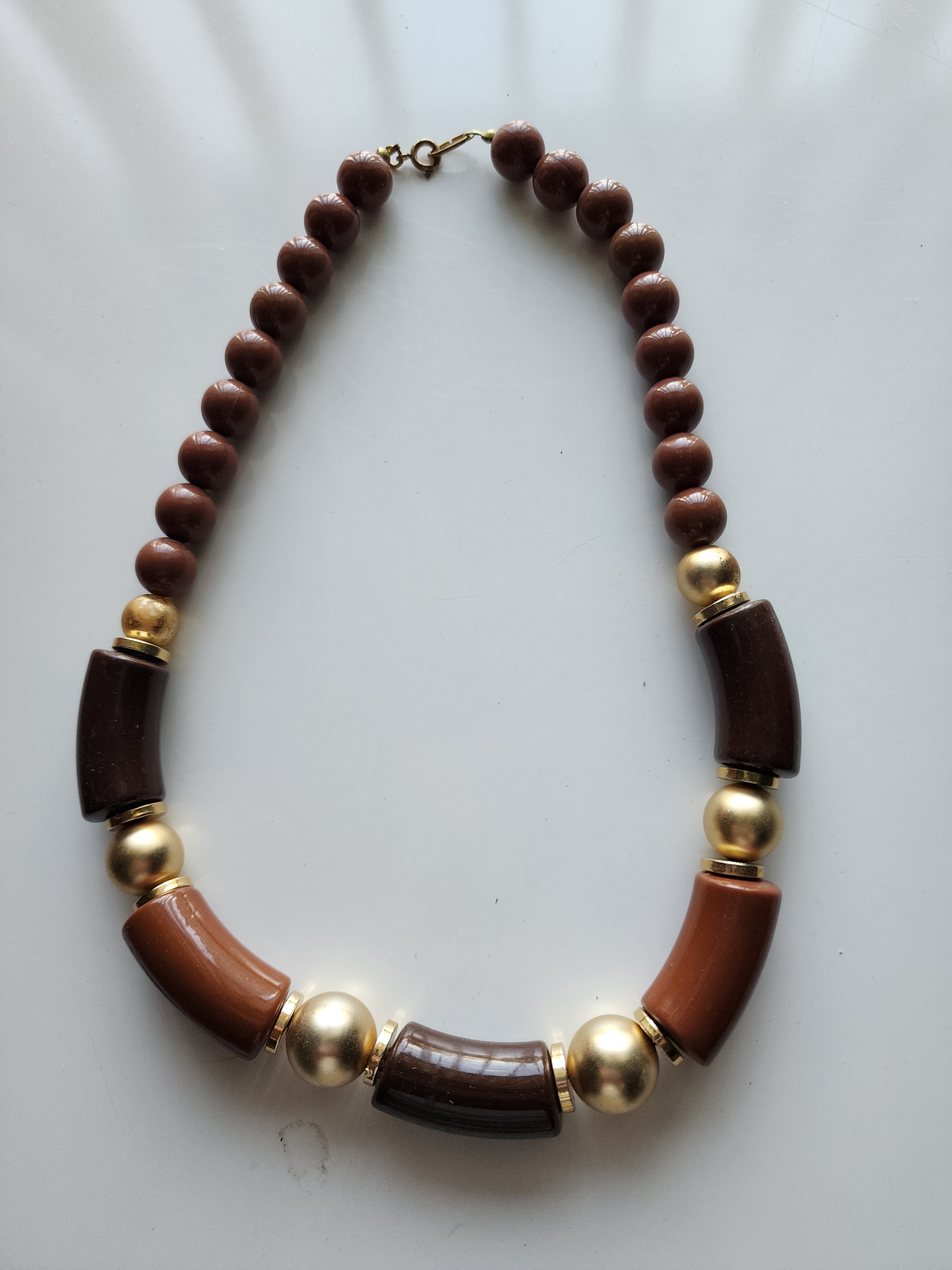 Brown Statement Beaded Necklace With Gold Tone Accents Lobster Clasp